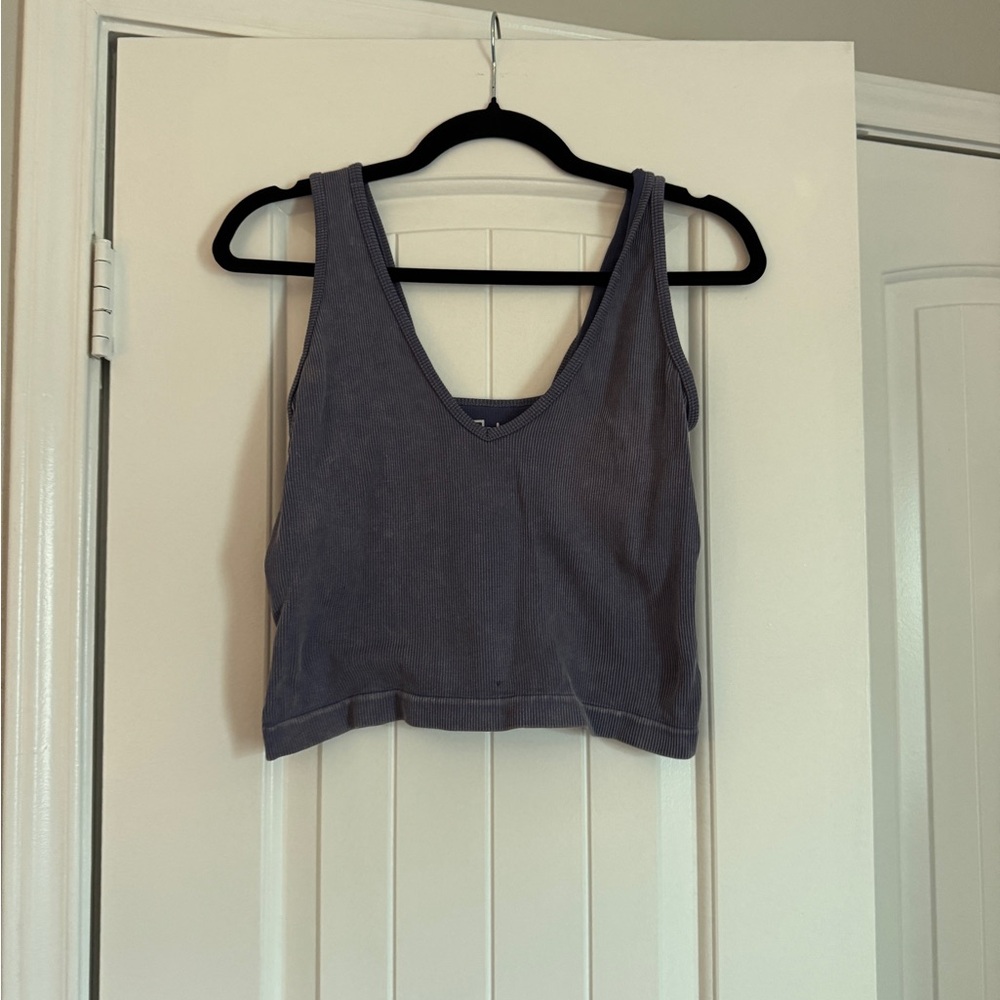 V-Neck Ribbed Crop Tank Top - Slate Gray